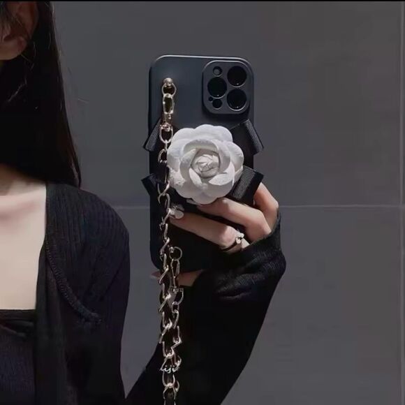 Elegant Chain Strap iPhone 16 Case with White Flower Accent - Picture 1 of 9